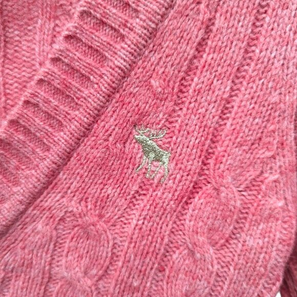 Abercrombie & Fitch Wool Sweater V-Neck Cable Knit Moose Logo Wool Pink Small S - Picture 9 of 9